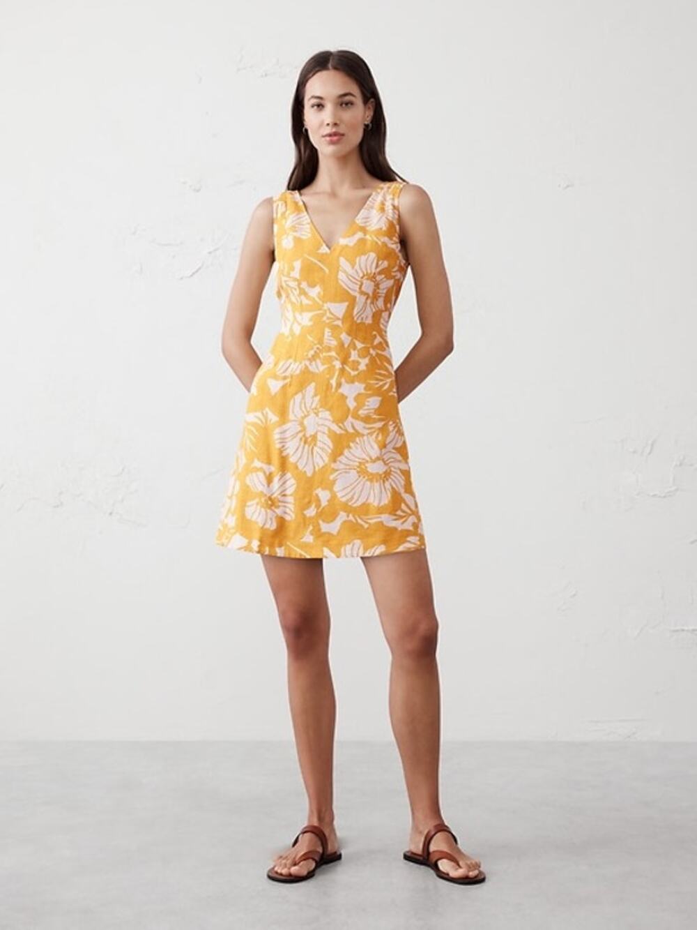 NWT Banana Republic Yellow White Floral Linen Blend Mini Dress Women's size 14